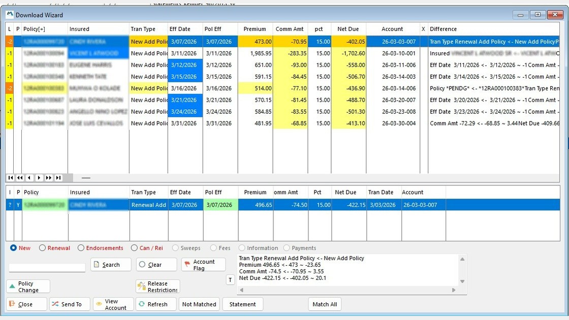 Step 1 — Unreconciled statement view in the Download Wizard